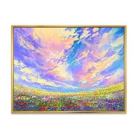 Прекрасни Облаци Над Цветни Цветя В Поле Рамка Живопис Платно Изкуство Печат
