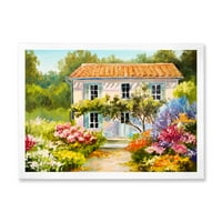 Дизайнарт 'планина с цветя с малка къща' традиционна рамка Арт Принт
