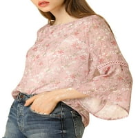 Уникални сделки Дамски Бел ръкав флорални щампи шифон блуза с Ками