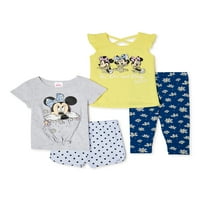 Мини Маус малки момичета мач тениска, потник, Къси панталони и клин, 4-парче комплект, размери 2Т-5т